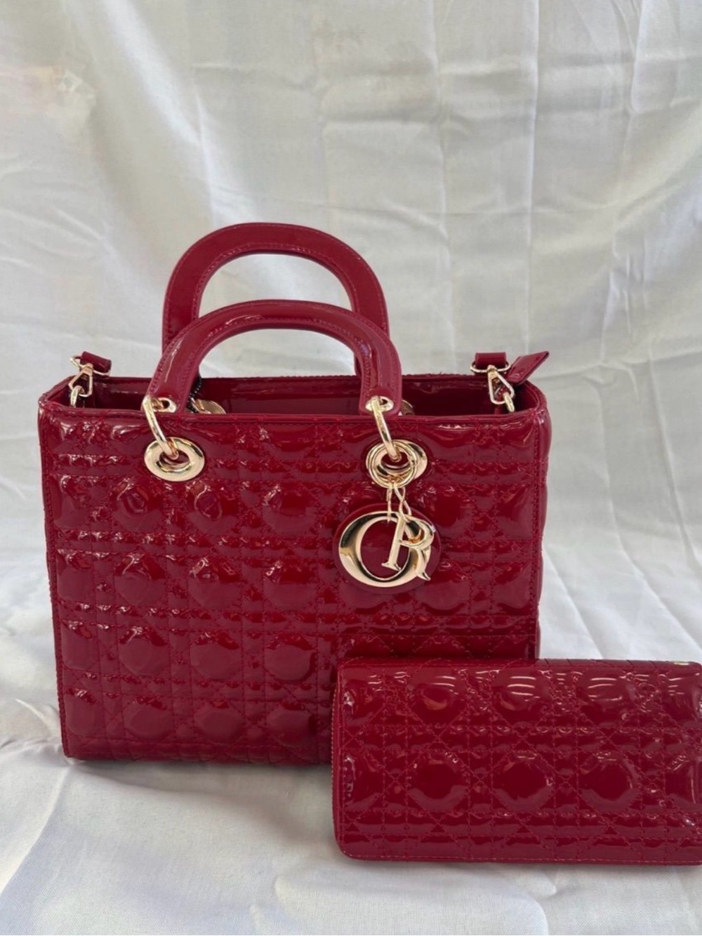 Red Patent Quilted Tote Handbag with Charm & Wallet